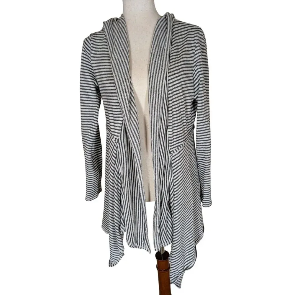 Max Studio Black & White Weekend Striped 100% Cotton Open Cardigan Hoodie Size M